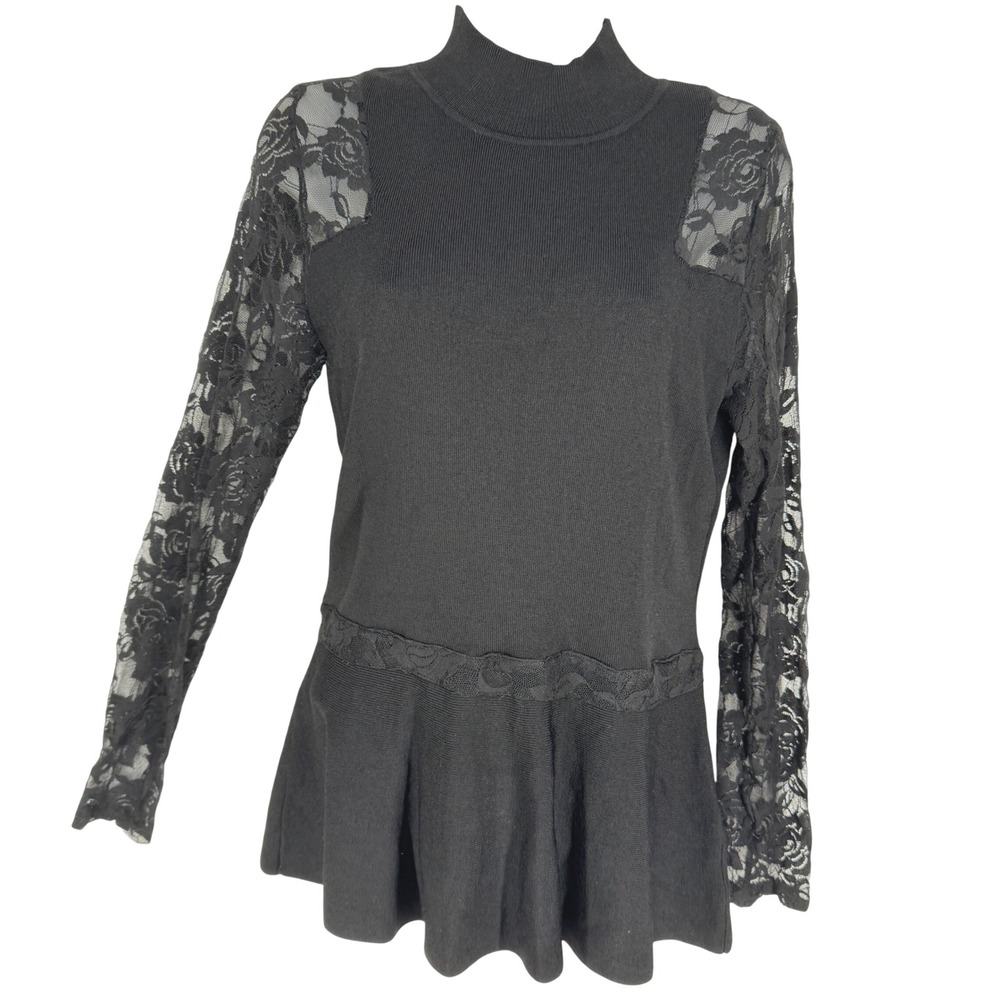 INC Black Lace Sleeve Peplum Ribbed Mock Neck Top Medium‎ Whimsigoth Victorian